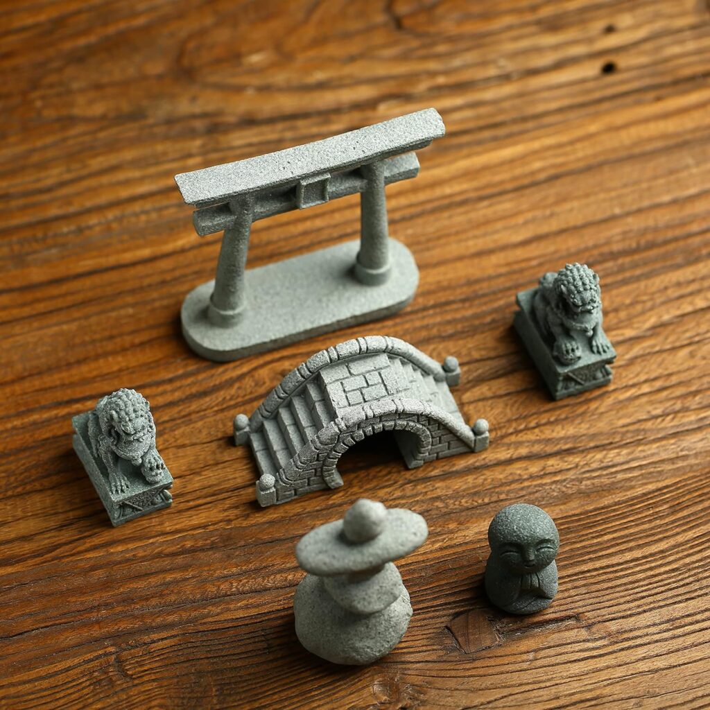 6 PCS Mini Zen Garden Accessories, Miniature Garden Bridge Foo Dogs Torii Gate Sandstone Figurines Meditation Zen Decor Japanese Fish Tank Terrarium Decorations Plant Pots Bonsai Craft Decor (M)