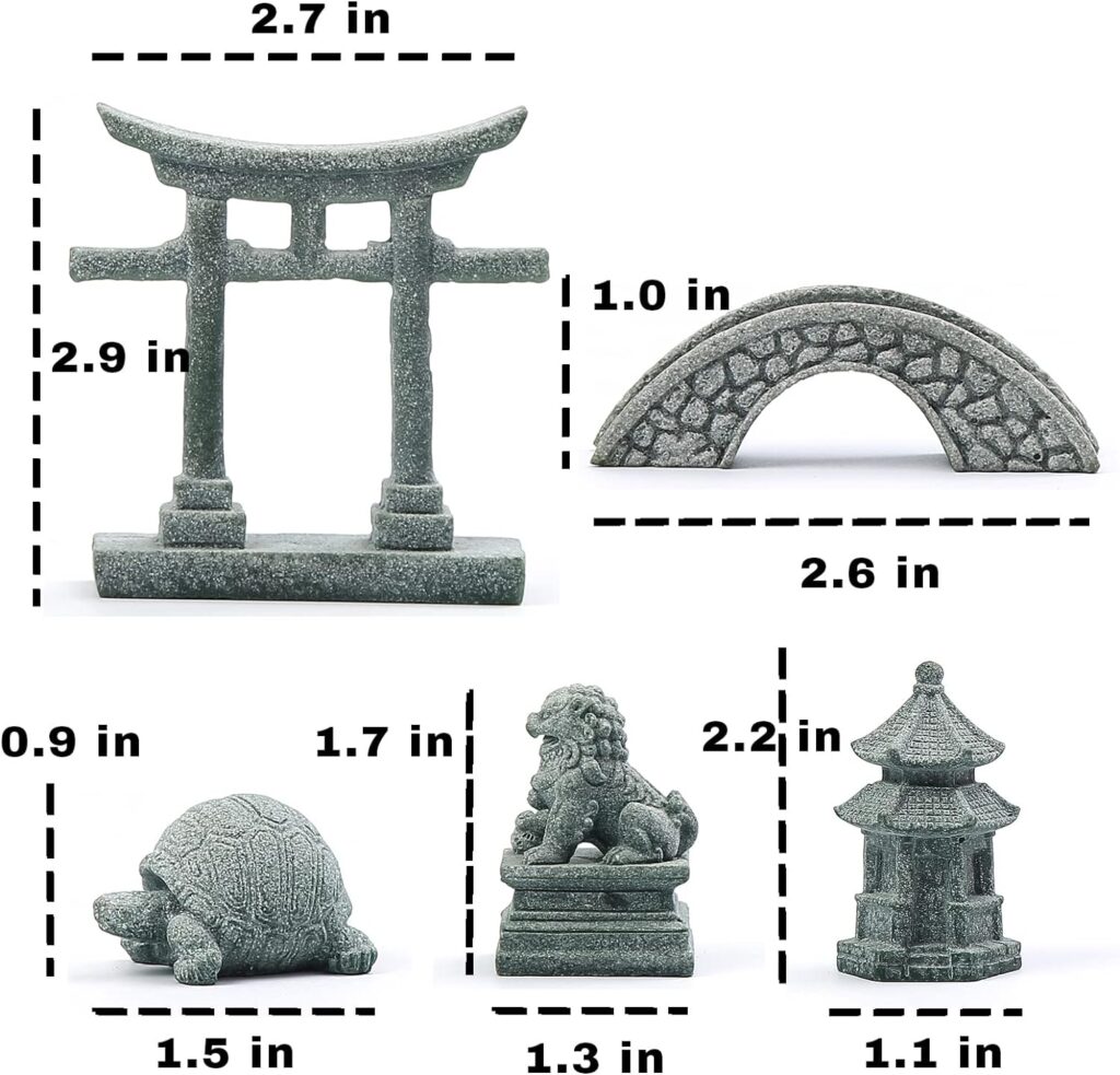 6 PCS Mini Zen Garden Accessories, Miniature Garden Bridge Foo Dogs Torii Gate Sandstone Figurines Meditation Zen Decor Japanese Fish Tank Terrarium Decorations Plant Pots Bonsai Craft Decor (M)