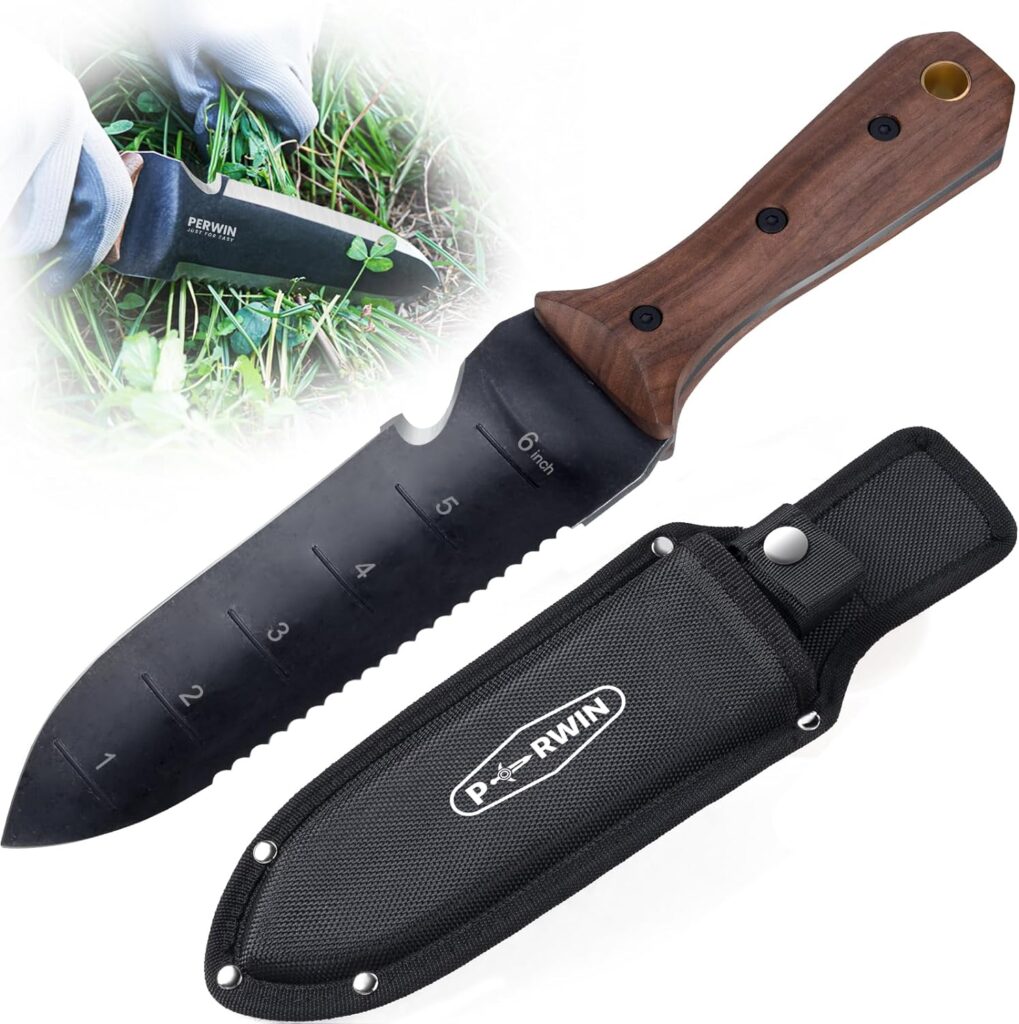 Hori Hori Garden Knife, Garden Tools with Sheath for Weeding,Planting,Digging, 7 Stainless Steel Blade with Cutting Edge, Full-Tang Wood Handle with Hanging Hole