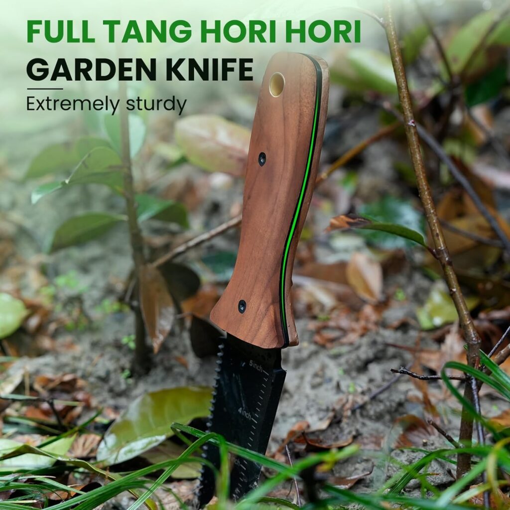 Hori Hori Garden Knife, Garden Tools with Sheath for Weeding,Planting,Digging, 7 Stainless Steel Blade with Cutting Edge, Full-Tang Wood Handle with Hanging Hole