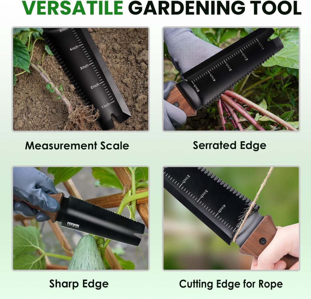 Hori Hori Garden Knife, Garden Tools with Sheath for Weeding,Planting,Digging, 7 Stainless Steel Blade with Cutting Edge, Full-Tang Wood Handle with Hanging Hole