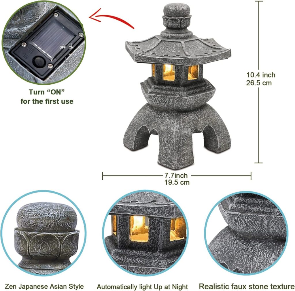 Nacome Solar Pagoda Lantern Garden Statue,Indoor/Outdoor Zen Asian Decor for Landscape Balcony,Garden,Patio,Porch Yard Art Ornament,Polyresin, Gray Stone Finish