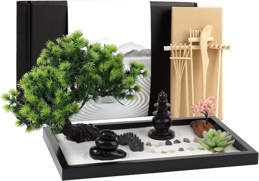 Zen Garden Kit for Desk Decor - Premium Beautiful Japanese Mini Sand Box Set Home, Office with Black Wooden Tray, White Sand, Rake Tools Desktop Meditation, Therapy and Accessories