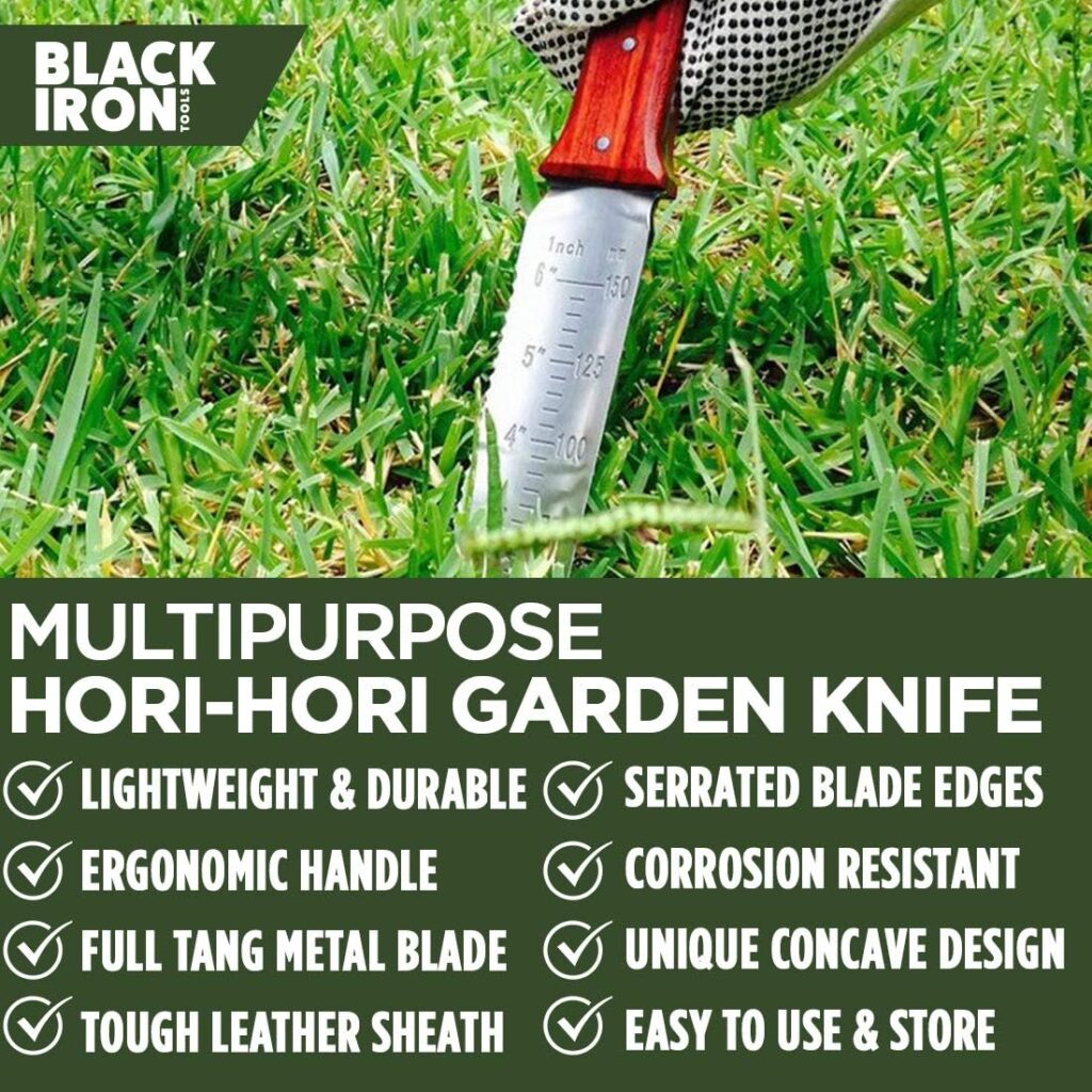 Black Iron Hori Hori Garden Knife [7 Inches, Japanese Stainless Steel] Durable Gardening Tool for Weeding, Digging, Cutting  Planting with Leather Sheath and Sharpening Stone