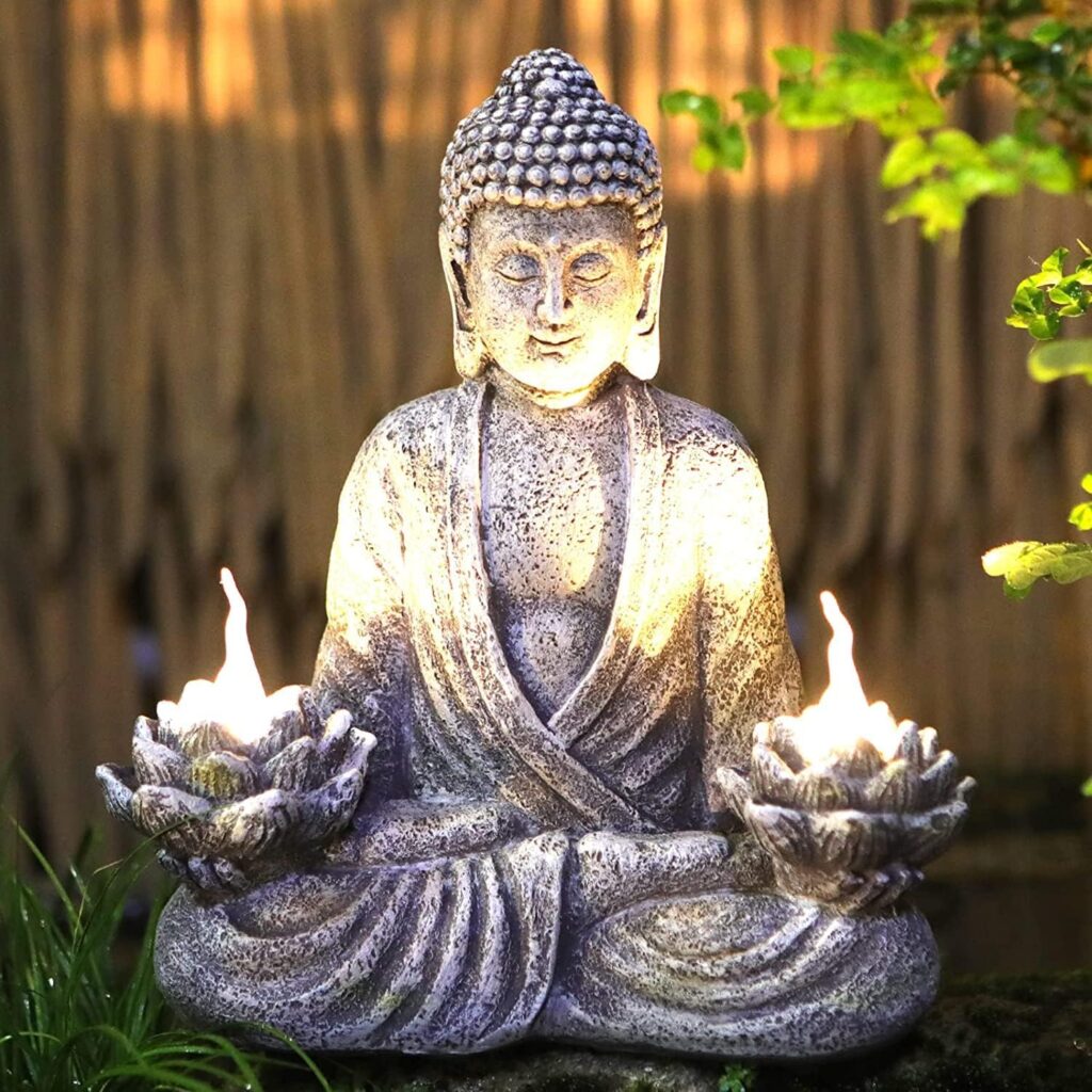 Buddha Statue Zen Sculpture 11.4in Yoga Garden Decor with LED Solar Lotus Lights, Sitting Meditating Buddha Serene Resin Figurine for Patio Yard Lawn Ornaments,Inside or Outside