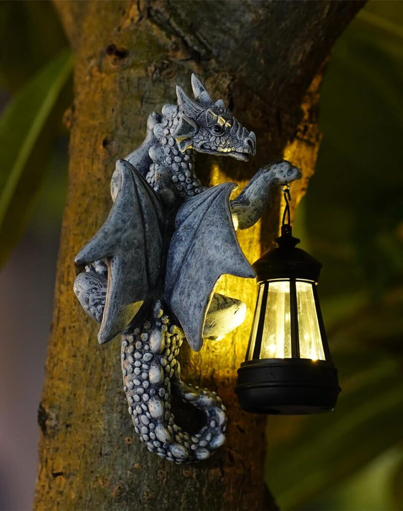 Goodeco Dragon Tree Hugger Garden Statue with Solar Lantern - 9.3 Inch Resin Dragon Decor for Outdoor, Perfect Dragon Gifts  Yard Decor