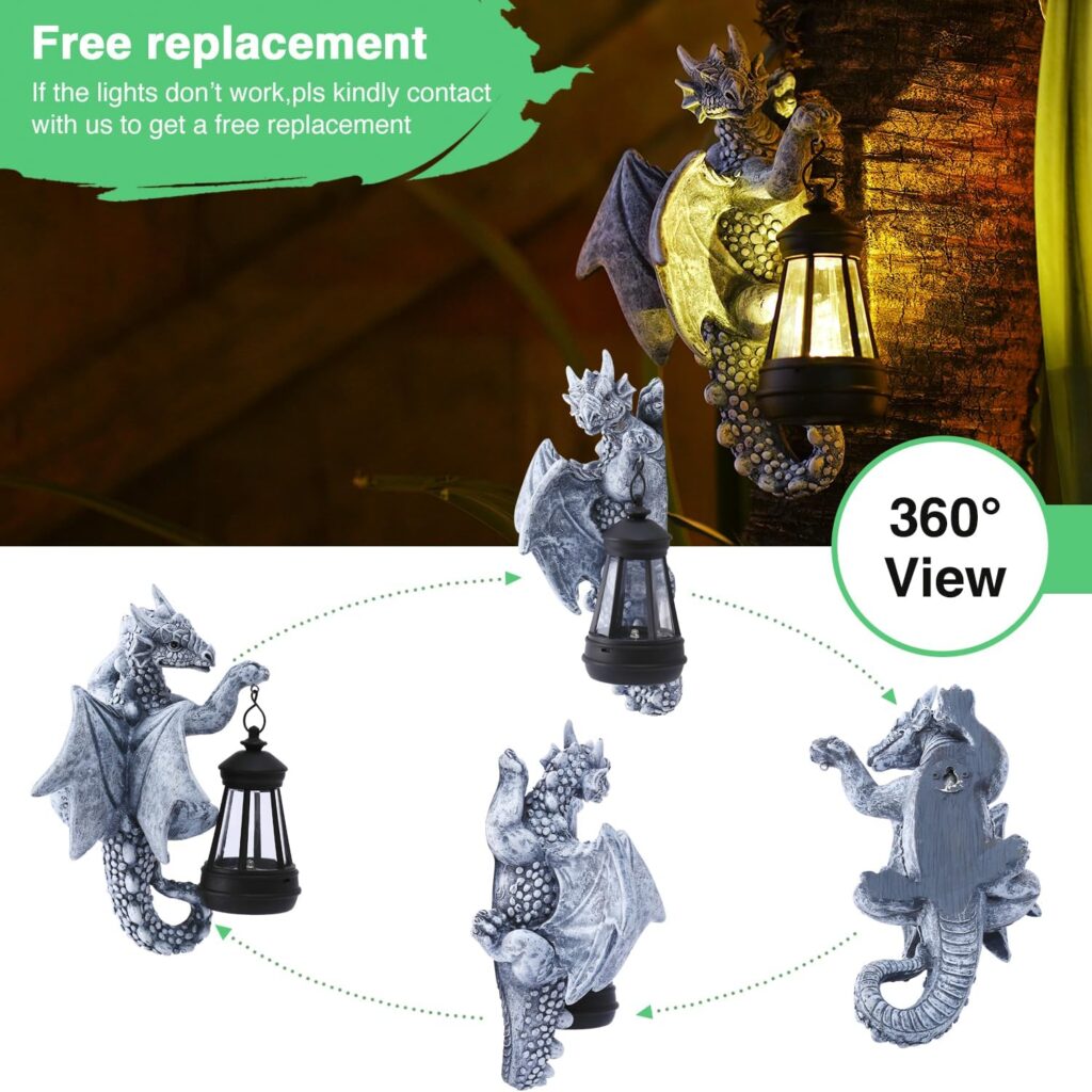 Goodeco Dragon Tree Hugger Garden Statue with Solar Lantern - 9.3 Inch Resin Dragon Decor for Outdoor, Perfect Dragon Gifts  Yard Decor