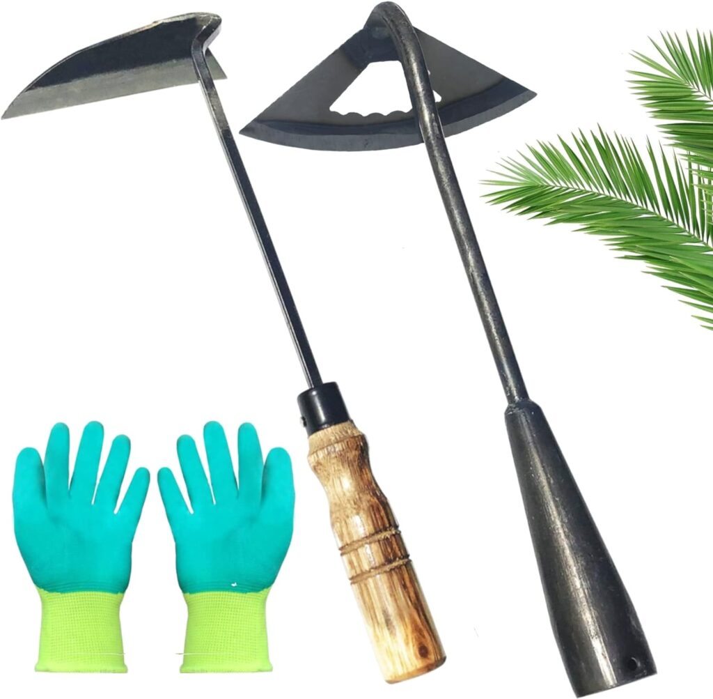 Pack of Weeding Tool Hollow Hoe and Japanese Sickle Garden Tool and a Pair of Professional Gardening Gloves - Heavy Duty Very Sharp Gardening Hand Tools for Landscaping - Nejiri Gama Hoe