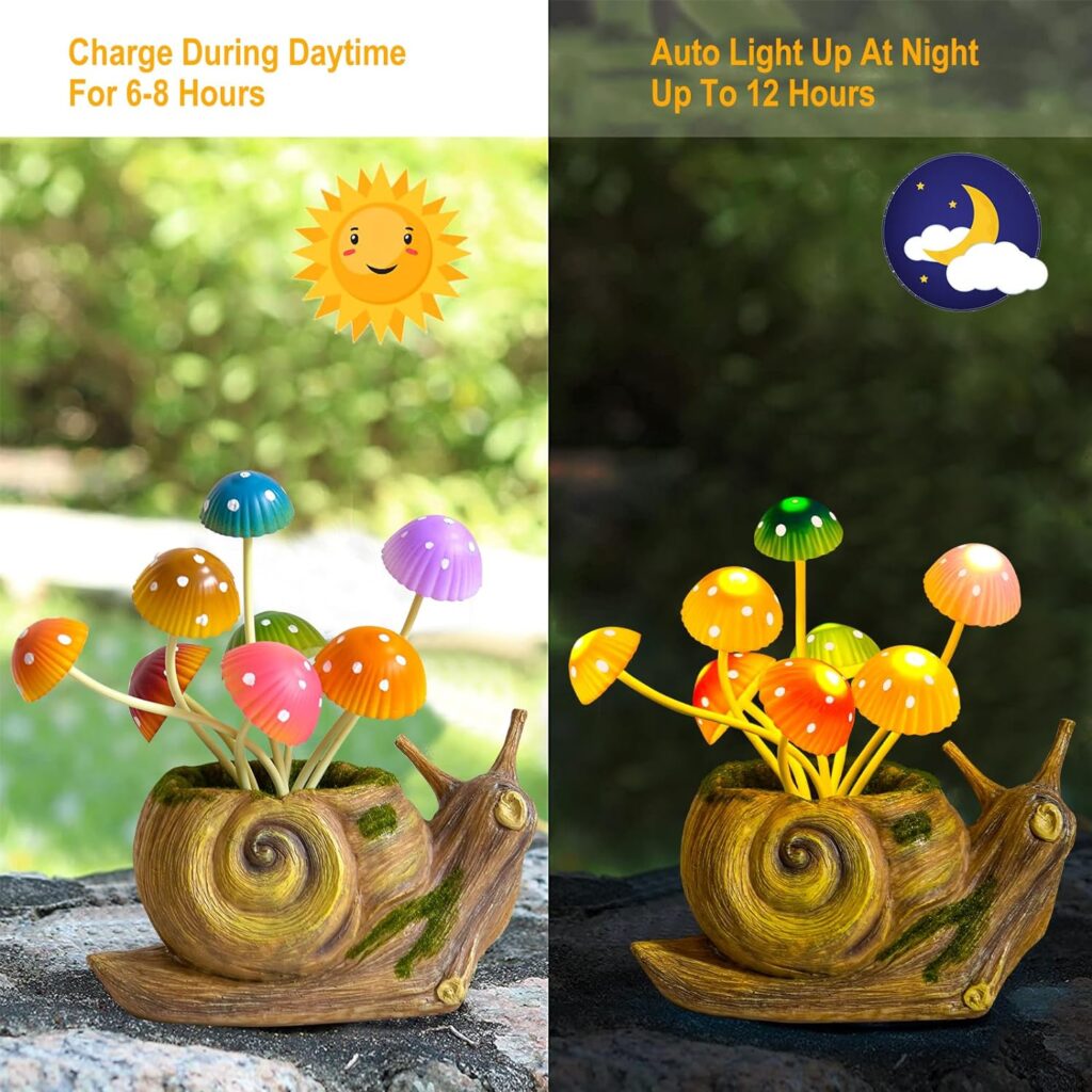 Solar Garden Lights, Solar Lights Outdoor Snail Garden Statues with Mushrooms, Unique Gifts for Mom Women Mothers Day, Resin Garden Decor Figurine Decor for Outside Patio Lawn Balcony Yard Tabletop