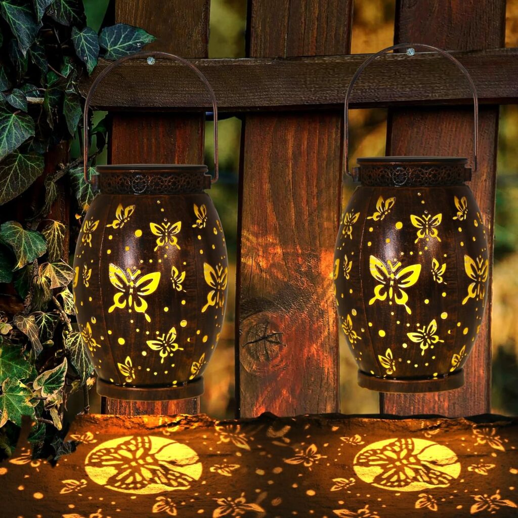 2 Pack Solar Lantern,Butterfly Solar Lights,White Frosted Glass Hanging Jar Butterfly Decorations for Patio, Yard, Garden, Path, Christmas, Party, Birthday, Mothers Day Gifts (butterfly-M)