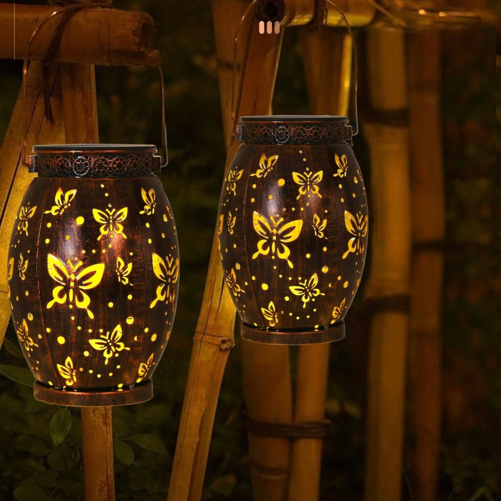 2 Pack Solar Lantern,Butterfly Solar Lights,White Frosted Glass Hanging Jar Butterfly Decorations for Patio, Yard, Garden, Path, Christmas, Party, Birthday, Mothers Day Gifts (butterfly-M)