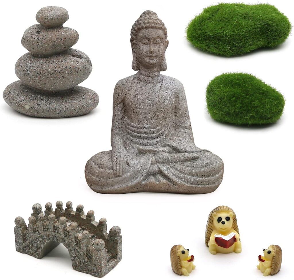 BangBangDa Meditation Zen Garden Accessories - Miniature Buddha Garden Kit Micro landscape Terrarium Kit DIY Fairy Garden w/Buddha Bridge Pagoda Stone Cairn