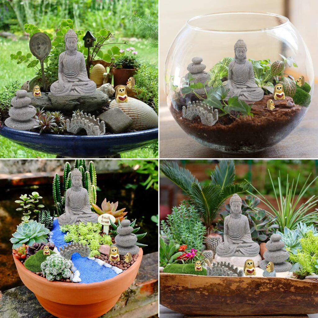 BangBangDa Meditation Zen Garden Accessories - Miniature Buddha Garden Kit Micro landscape Terrarium Kit DIY Fairy Garden w/Buddha Bridge Pagoda Stone Cairn