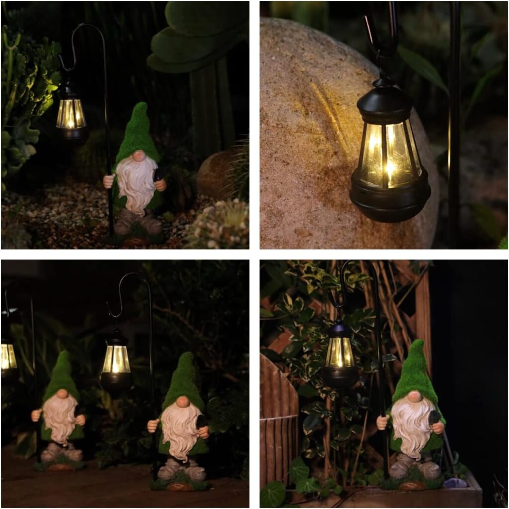 Flocked Garden Gnome Statue with Solar LED Light, Large Funny Fairy Gnomes Figurines with Solar Lantern, Outdoor Fall Decorations for Yard Lawn, Tall 15.8 Inch