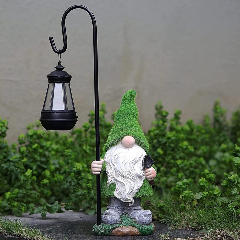 Flocked Garden Gnome Statue with Solar LED Light, Large Funny Fairy Gnomes Figurines with Solar Lantern, Outdoor Fall Decorations for Yard Lawn, Tall 15.8 Inch