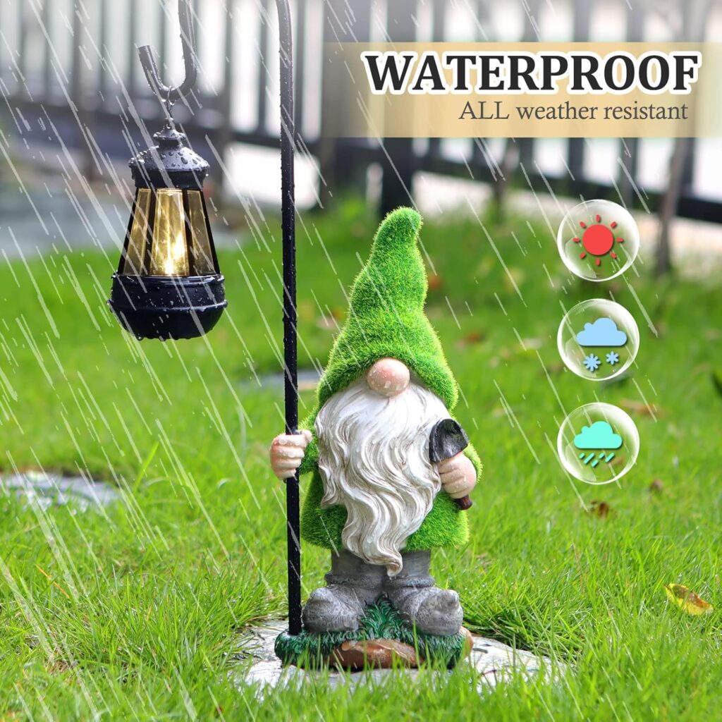 Flocked Garden Gnome Statue with Solar LED Light, Large Funny Fairy Gnomes Figurines with Solar Lantern, Outdoor Fall Decorations for Yard Lawn, Tall 15.8 Inch