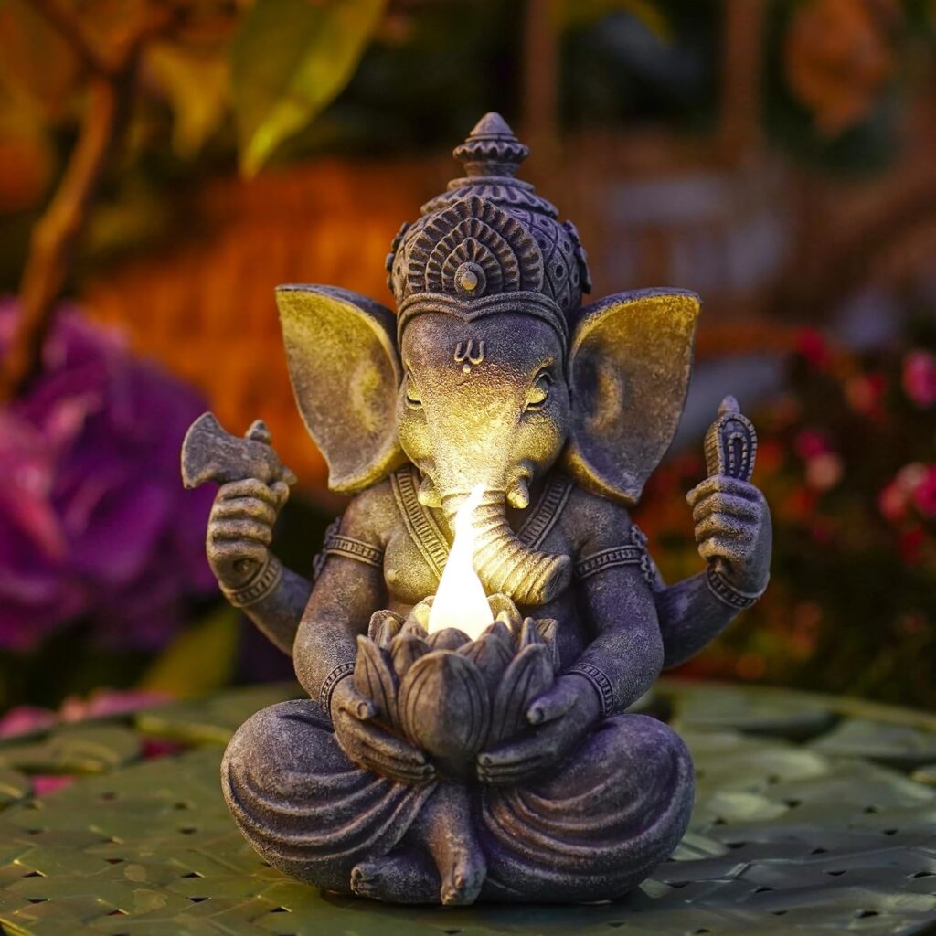 Ganesha Elephant Figurine Garden Statues: Zen Ornaments with Lotus and Solar Lights, Decor for Home/Deck/Garden/Lawn/Patio/Yard - Great Gifts for Mom/Grandma/Women