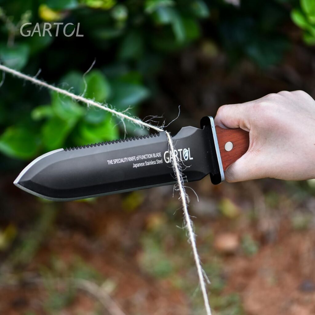 GARTOL Hori Hori Garden Knife, Garden Tools with Oxford Sheath for Weeding, Digging, Cutting and Planting, 7 Stainless Steel Blade with Protective Coating, Full-Tang Wood Handle, Sharpening Stone