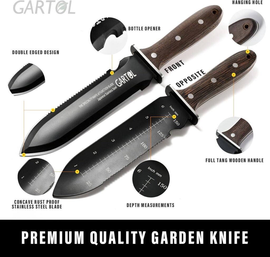 GARTOL Hori Hori Garden Knife, Garden Tools with Oxford Sheath for Weeding, Digging, Cutting and Planting, 7 Stainless Steel Blade with Protective Coating, Full-Tang Wood Handle, Sharpening Stone