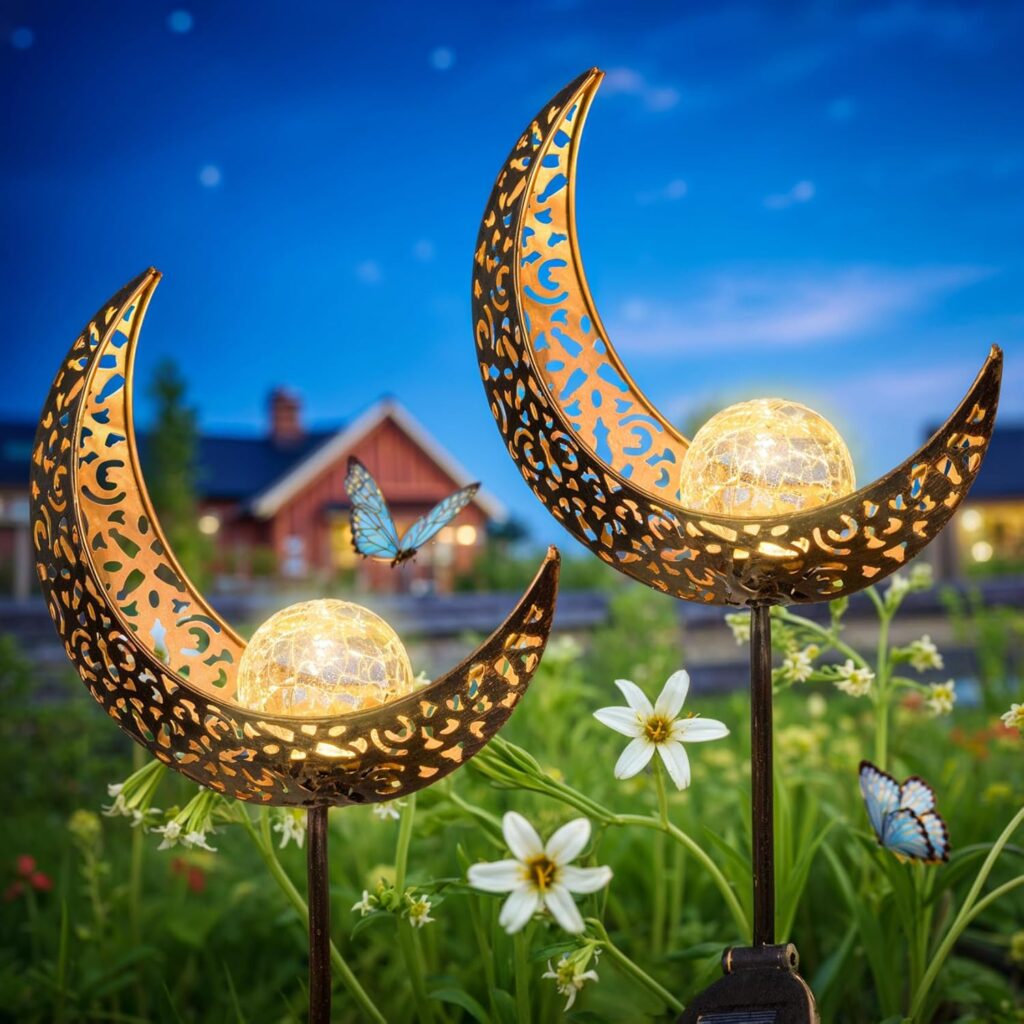 HOMEIMPRO 2Pack Moon Garden Solar Lights Outdoor Stakes, Waterproof Crackle Glass Metal Garden, Backyard Decorations，Lawn Ornaments, (Bronze)