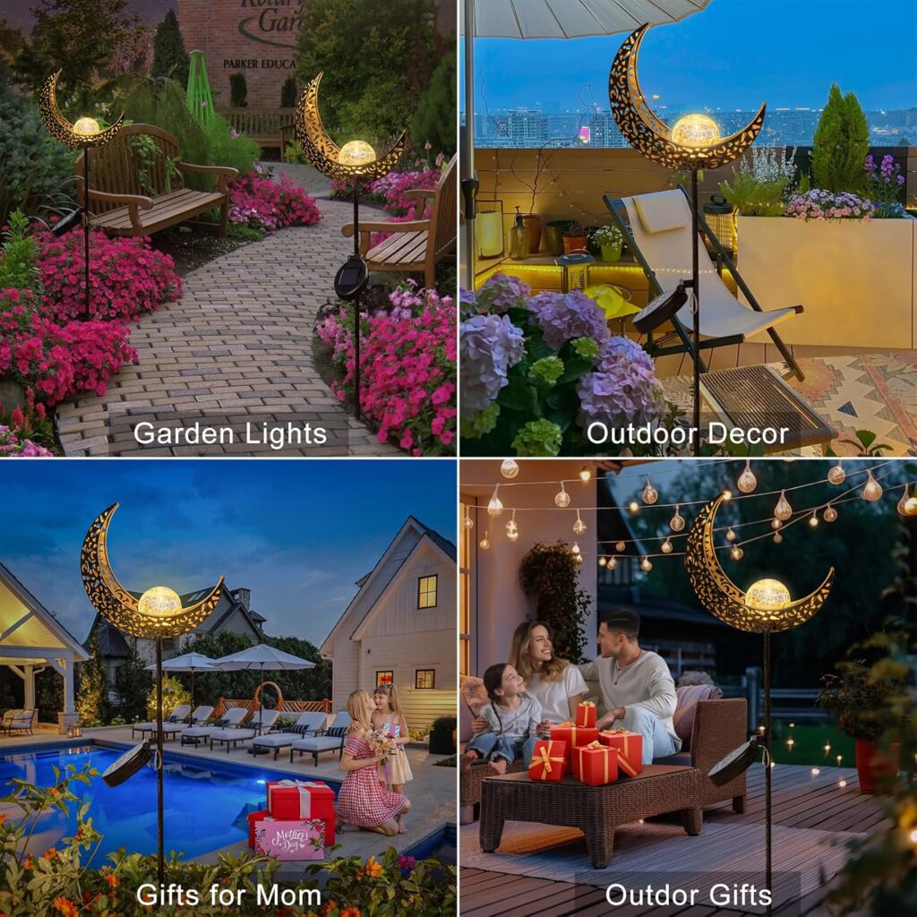 HOMEIMPRO 2Pack Moon Garden Solar Lights Outdoor Stakes, Waterproof Crackle Glass Metal Garden, Backyard Decorations，Lawn Ornaments, (Bronze)