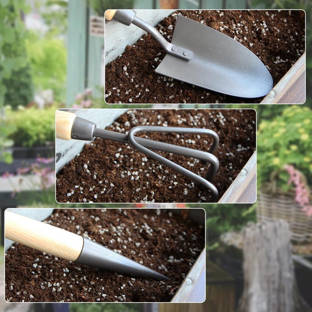 Japanese Gardening Tools Set, 3 Pcs Garden Tools Set, Black Painted Stainless Steel Heavy Duty Gardening Tools Kit, Weeder, Transplanter and Hand Folk