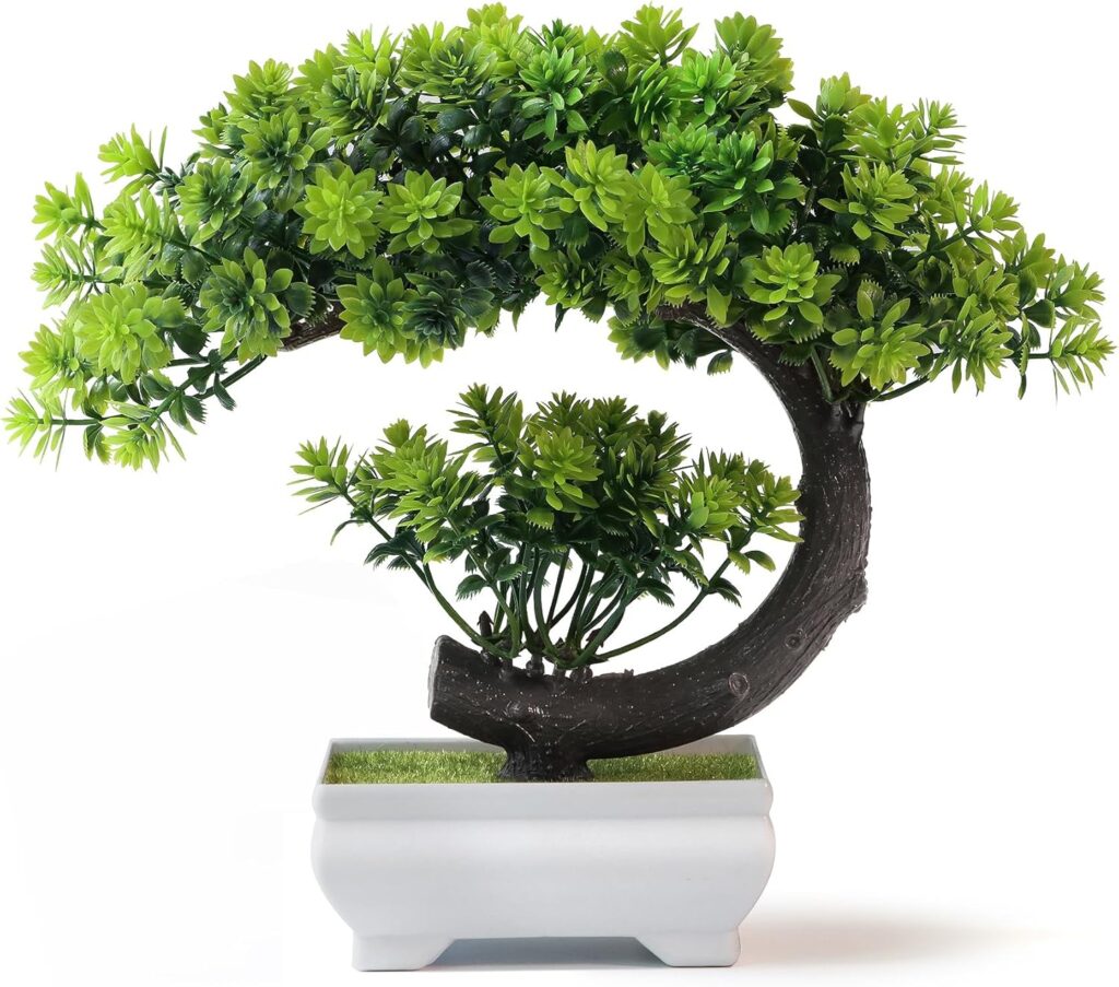 Small Fake Plants/Plastic Artificial Bonsai Tree for Bookshelf Bathroom Home Décor, Farmhouse Zen Garden Room Decor, Tall 8.5