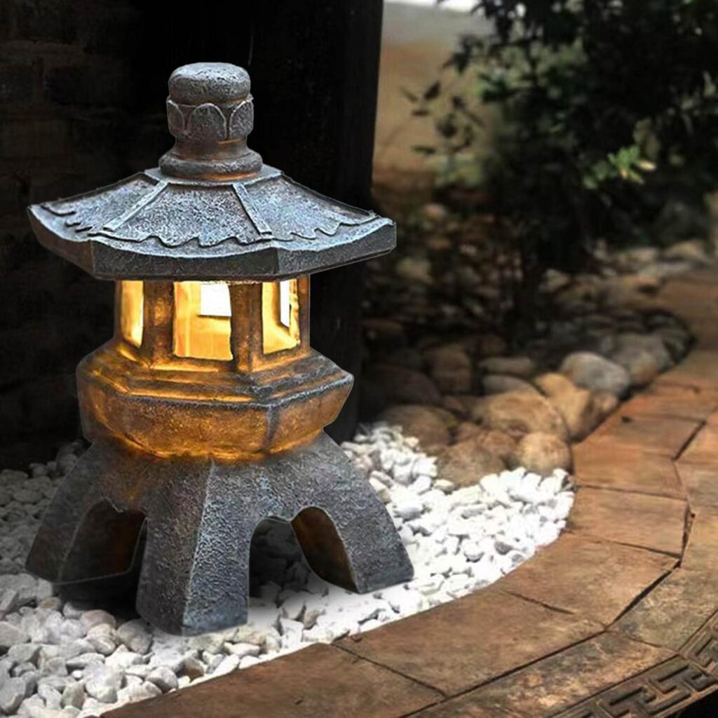 Solar Pagoda Lantern, 10.2inch Japanese Style Garden Landscape Lamp, Pathway Decorative Light Statues, Asian Zen Garden Art Ornament for Patio  Porch Yard (Style 2)