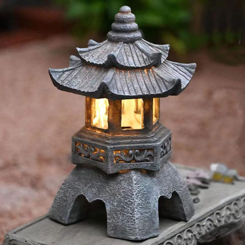 Solar Pagoda Lantern, 10.2inch Japanese Style Garden Landscape Lamp, Pathway Decorative Light Statues, Asian Zen Garden Art Ornament for Patio  Porch Yard (Style 2)