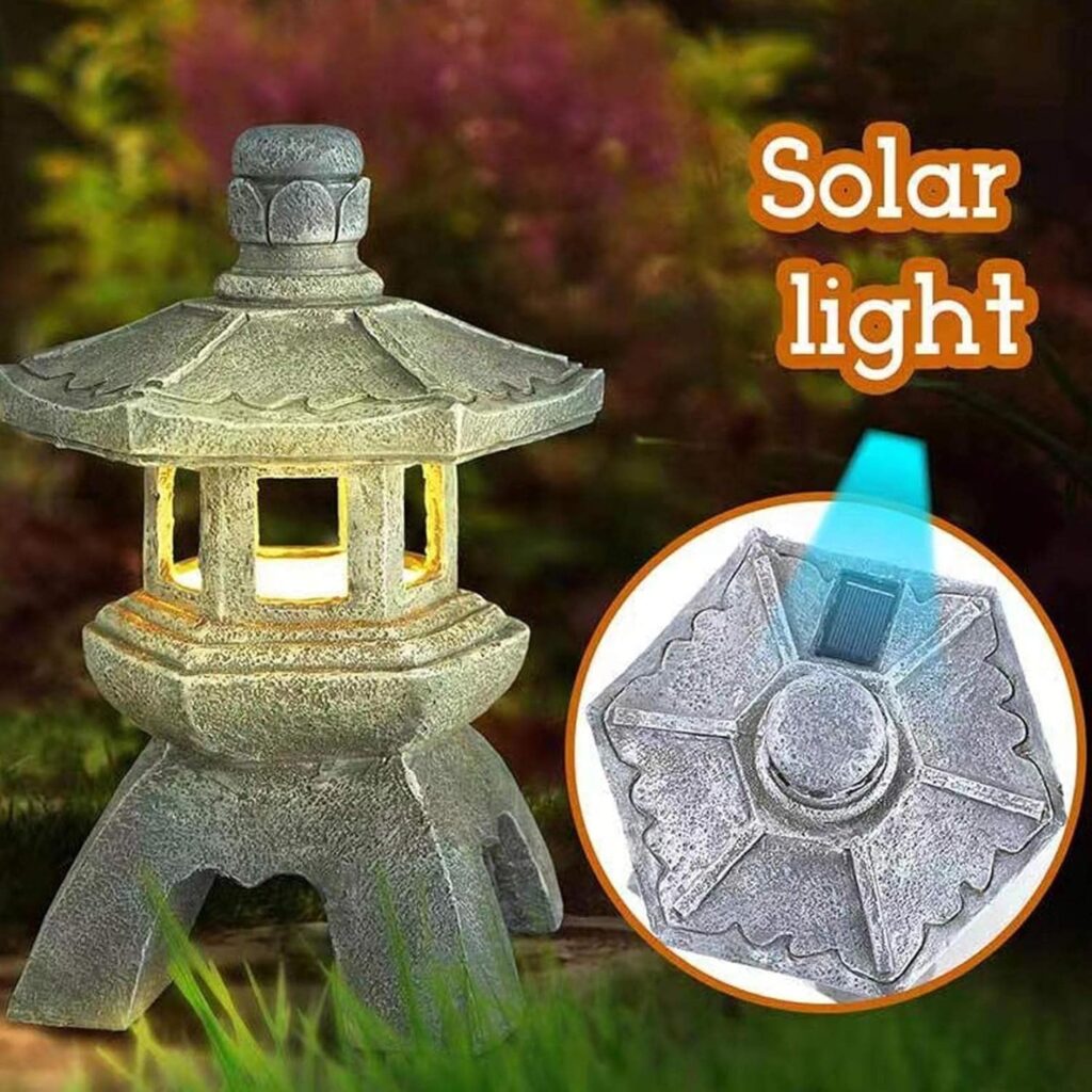 Solar Pagoda Lantern, 10.2inch Japanese Style Garden Landscape Lamp, Pathway Decorative Light Statues, Asian Zen Garden Art Ornament for Patio  Porch Yard (Style 2)