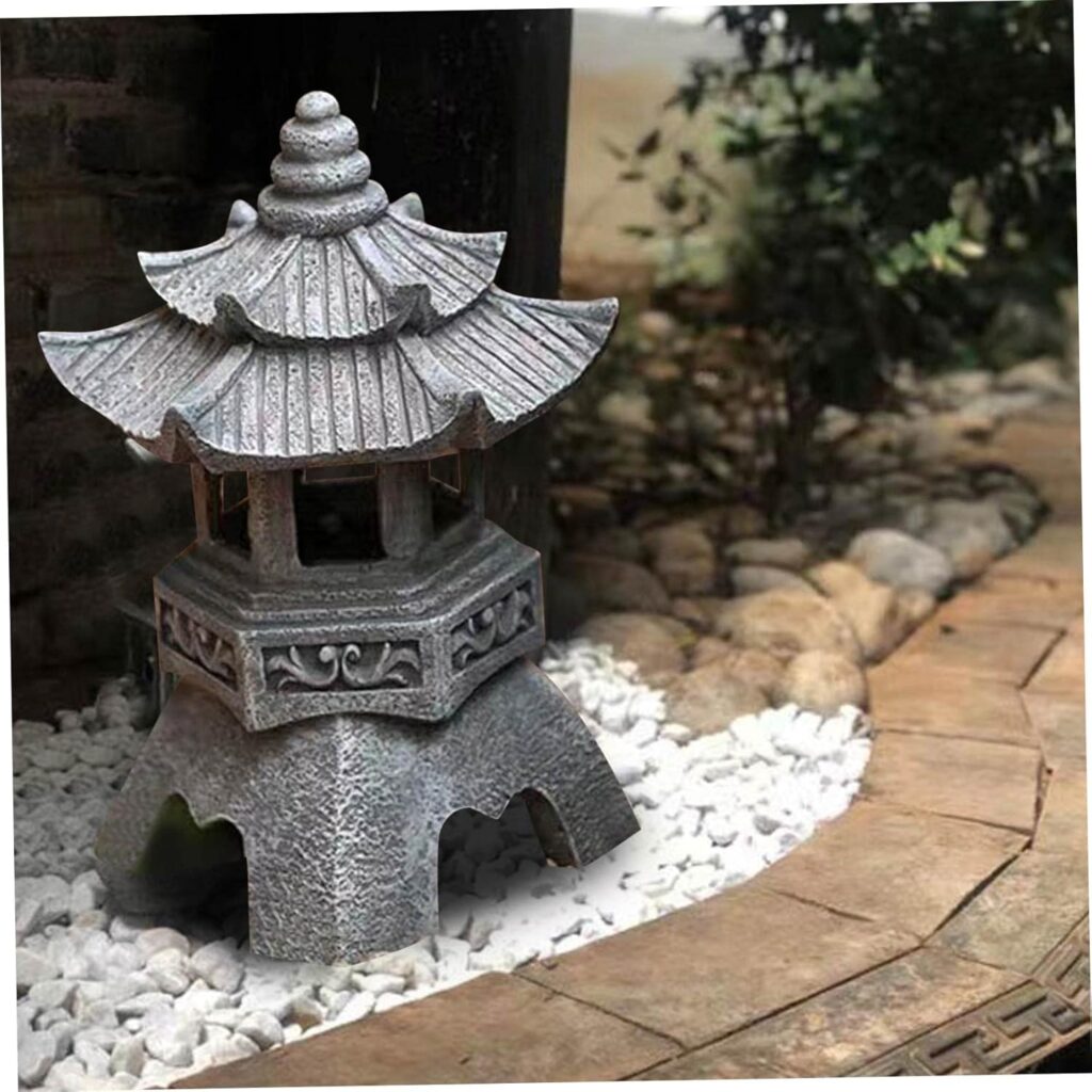 Solar Pagoda Lantern, 10.2inch Japanese Style Garden Landscape Lamp, Pathway Decorative Light Statues, Asian Zen Garden Art Ornament for Patio  Porch Yard (Style 2)