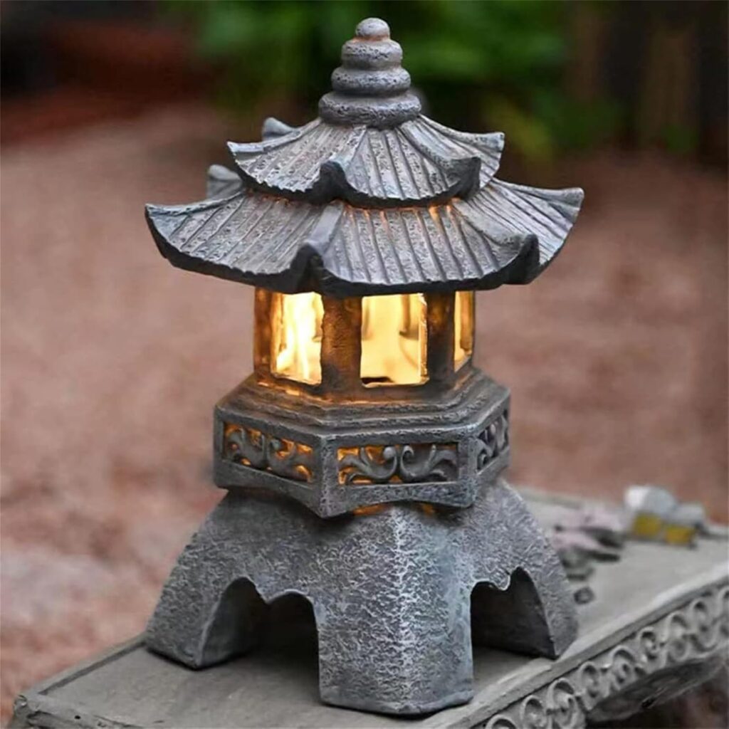 Solar Zen Stone Pagoda Garden Statue,Resin Sculpture Asian Garden Ornaments,10.2 Inch Flickering Garden Lantern for Landscape Balcony,Garden,Patio,Porch Yard Art Ornament Gifts