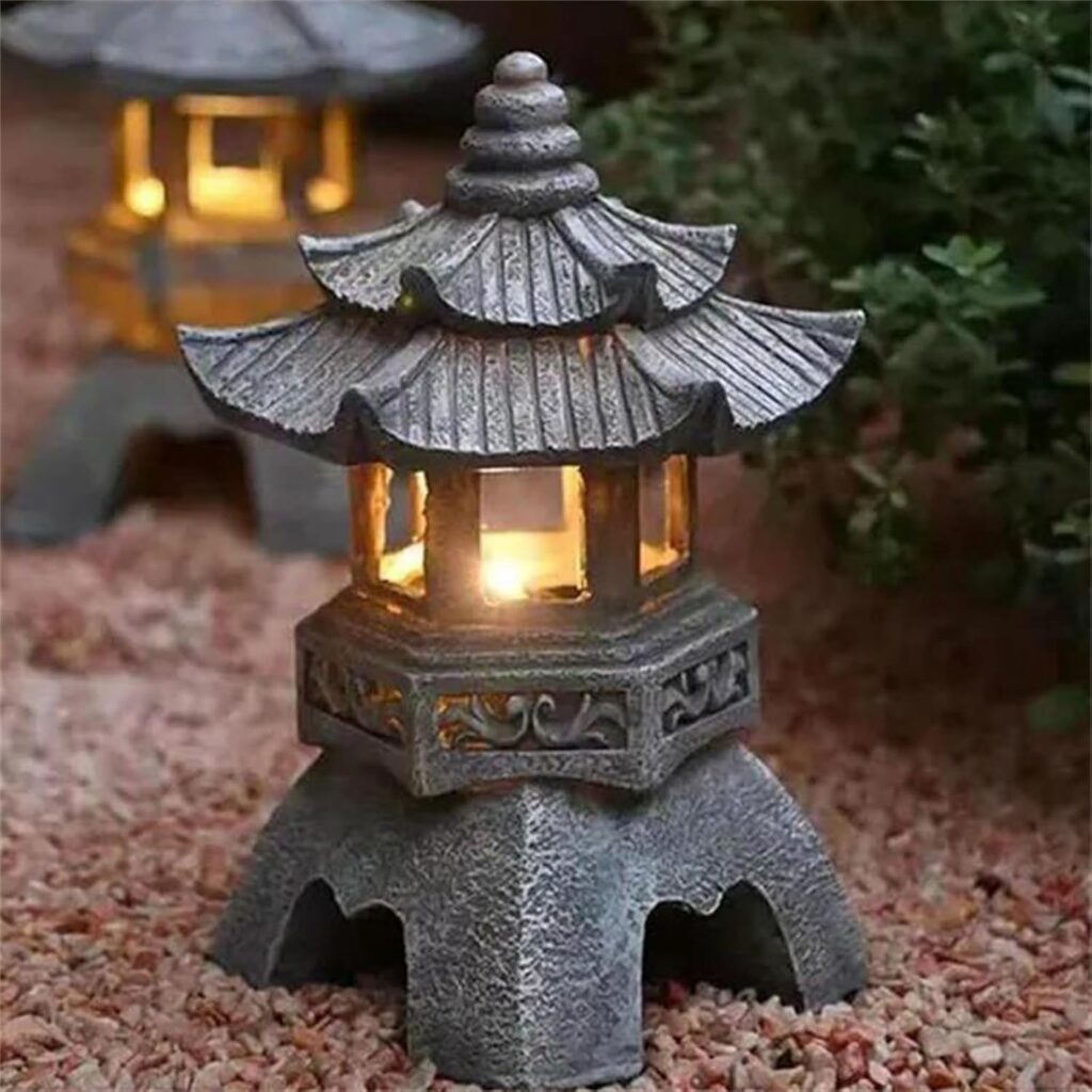 Solar Zen Stone Pagoda Garden Statue,Resin Sculpture Asian Garden Ornaments,10.2 Inch Flickering Garden Lantern for Landscape Balcony,Garden,Patio,Porch Yard Art Ornament Gifts