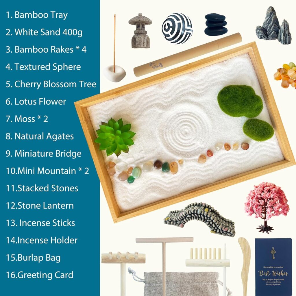 Threeheng Mini Japanese Zen Sand Garden Kit for Desk, Muti-Functional Sand Tray Therapy Kit with Bamboo Tray - includes Sand Ball Insense Holder Crystals and More for Meditation, Gifts