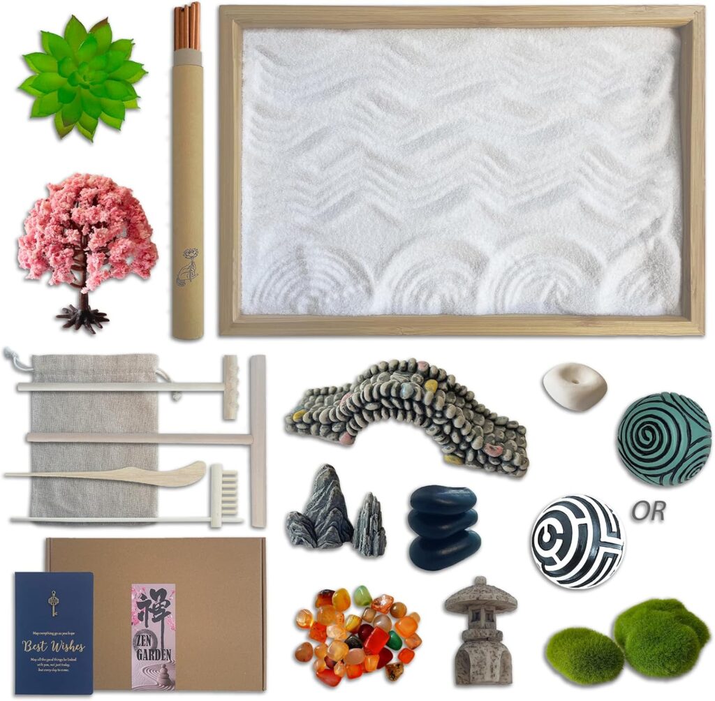 Threeheng Mini Japanese Zen Sand Garden Kit for Desk, Muti-Functional Sand Tray Therapy Kit with Bamboo Tray - includes Sand Ball Insense Holder Crystals and More for Meditation, Gifts