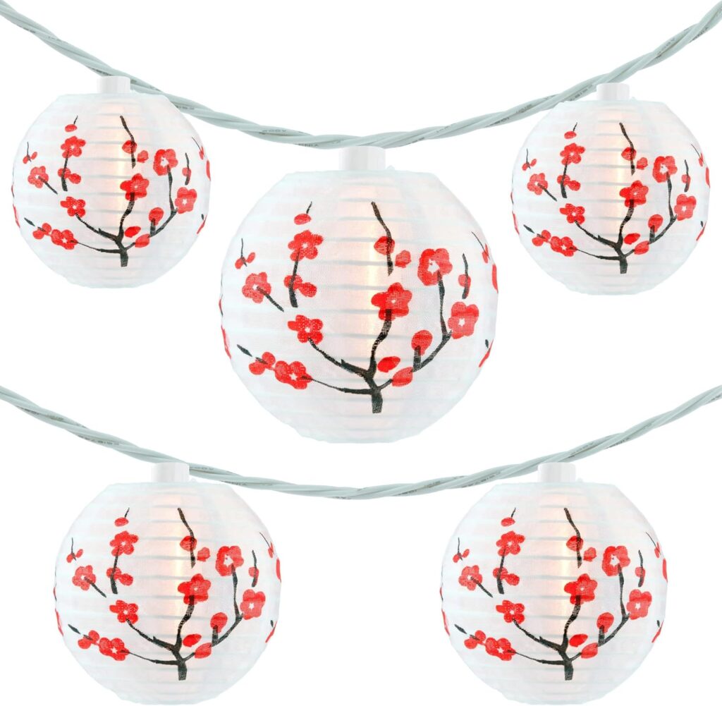 YULETIME Plum Blossom Lantern String Lights, 10 Count Nylon Lantern on 7.6 White Wire, UL listed 8 Spacing End-to-end Connectable Plug-in String Lights (Plum Blossom)