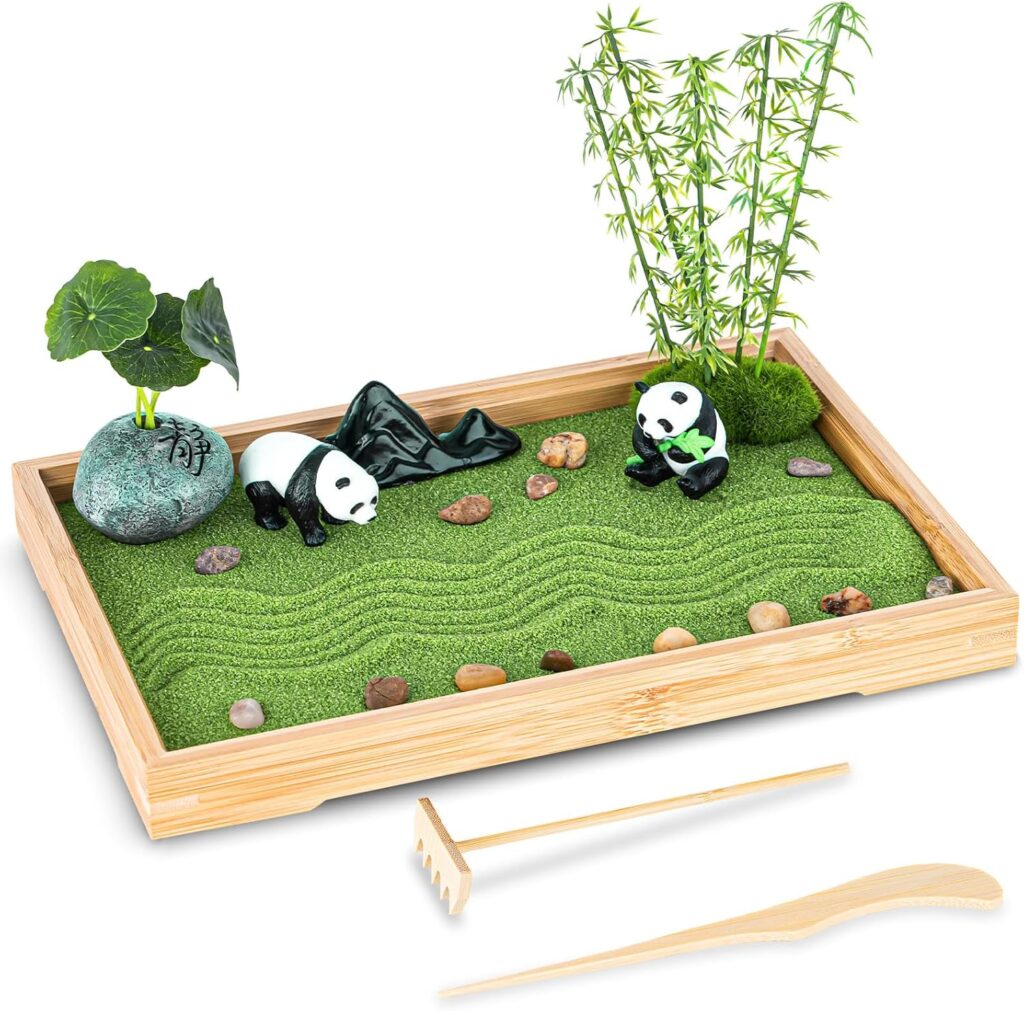 Zen Garden Kit for Desk 11x7.5 Room Decor with Green Sand, Panda Decorative Ornaments, Haystack, Ceramic Mountain, Stones and Rakes (Panda Bamboo)