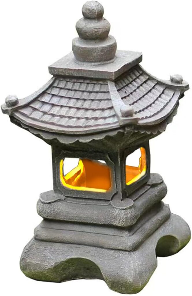 Zen Garden Pagoda Lantern, 34cm/13.4inch Resin Solar Pagoda Lantern Outdoor Statue, Waterproof Japanese Garden Solar Pathway Lamp for Zen Garden Landscape Décor