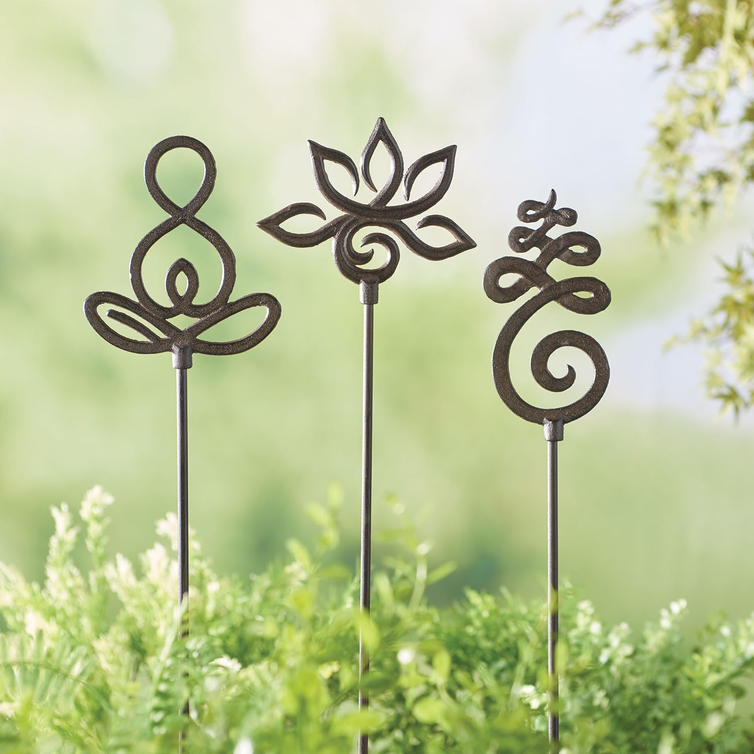 ART  ARTIFACT Zen Garden Stakes Decorative Garden Stakes Set of 3 Japanese Buddhist Symbols, Wrought Iron Stakes, 39 Inches