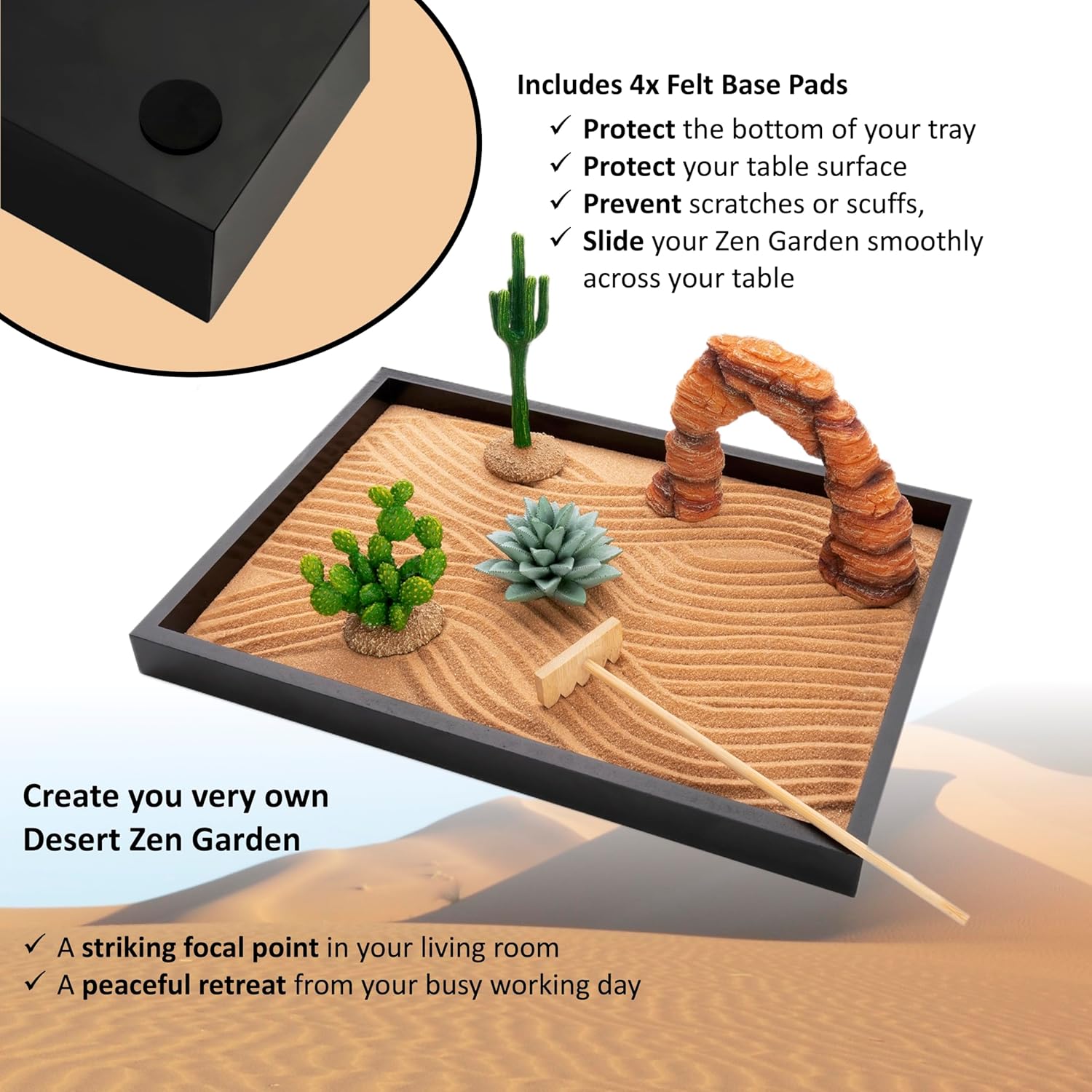 Desert Zen Garden Kit. Home Cactus Decor. 11x8 sand tray. 4 artificial desert features, brown sand, 3 handcrafted wood tools. Desert Decor mini Zen Garden for desk Southwestern Decor