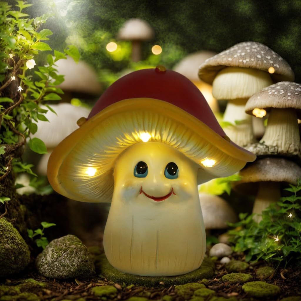 Mushroom Decor Garden Statues with Solar Light, Outdoor Decor with Mushroom Hat, Mushroom Fairy Light for Yard Ornament, Halloween Decorations, Gardening Gifts for Women, Men, Mom, Dad