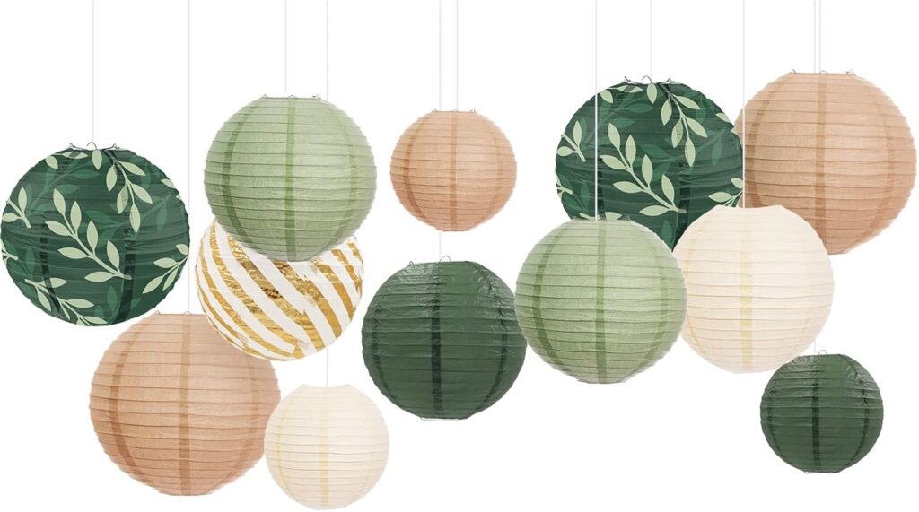 Party Decorations Paper Lanterns Set,12PCS Sage Green Brown Chinese Japanese Hanging Paper Lantern for Green Boho Wedding Party,Birthday, Bridal Showers,Neutral Party Decor