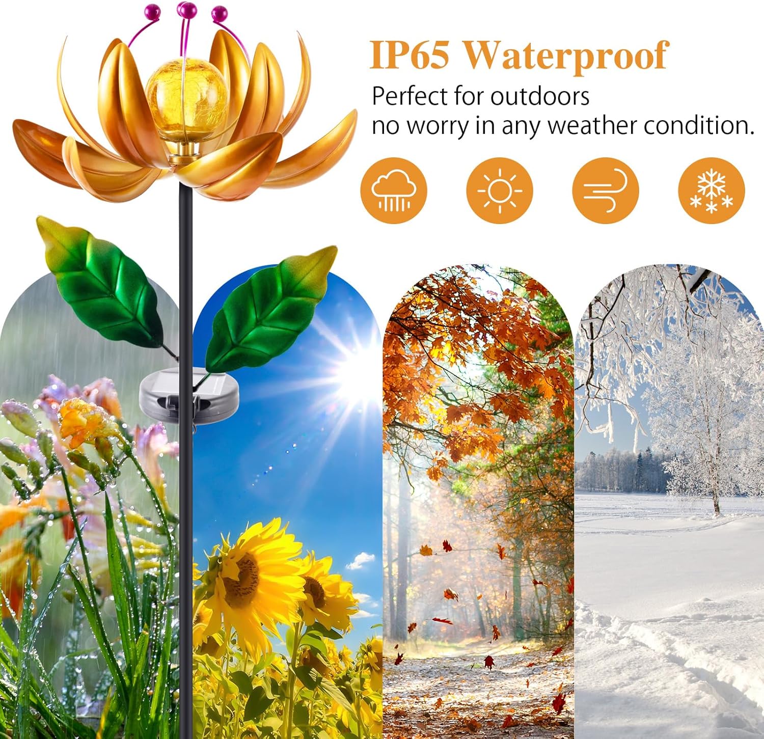 Solar Garden Lights Metal Flower Decor, Colorful Spinning Windmill Lotus Pathway Ligths with LED Cracked Crystal Ball Outdoor Decorative Stake Lighting Waterproof Flower Sculpture for Patio Yard