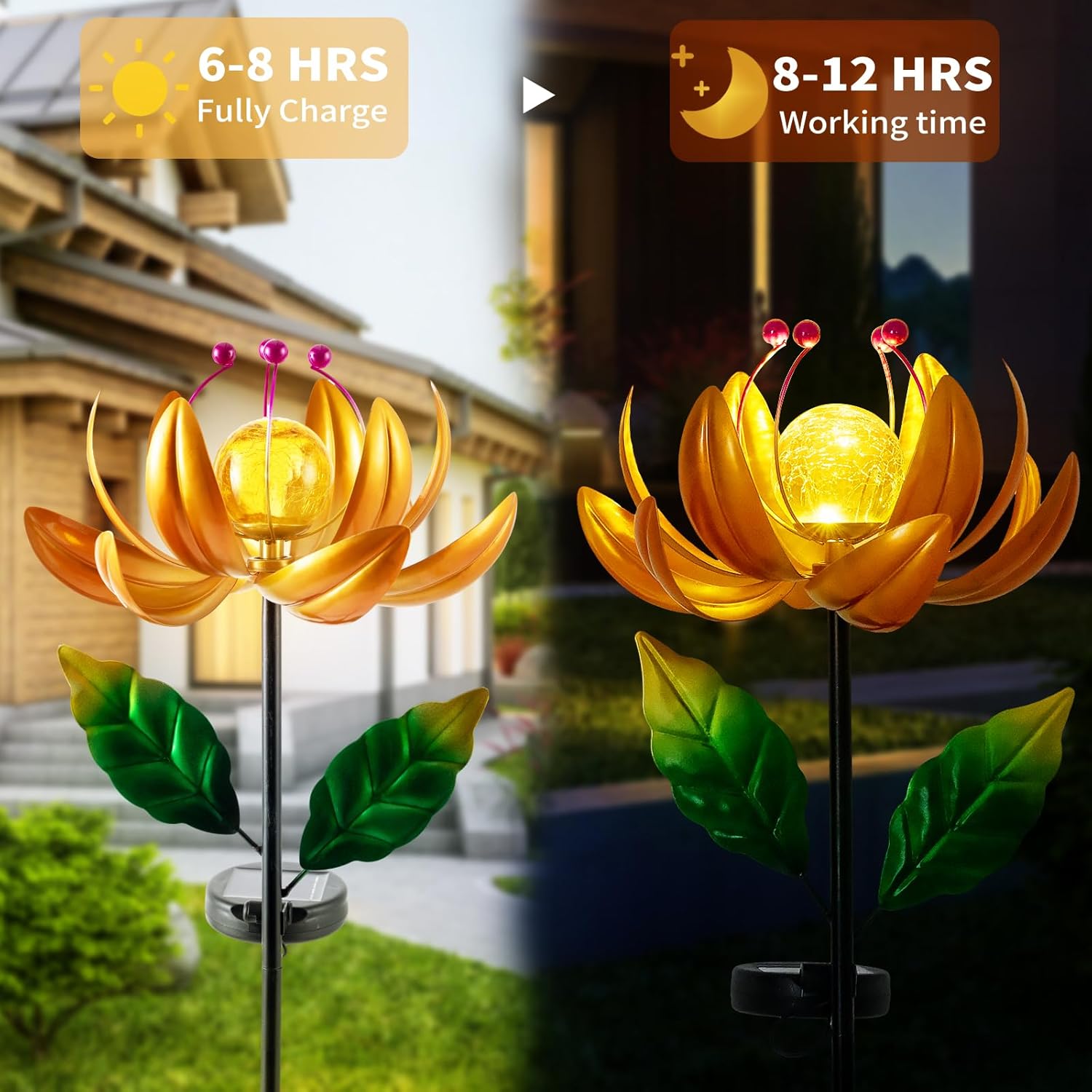 Solar Garden Lights Metal Flower Decor, Colorful Spinning Windmill Lotus Pathway Ligths with LED Cracked Crystal Ball Outdoor Decorative Stake Lighting Waterproof Flower Sculpture for Patio Yard