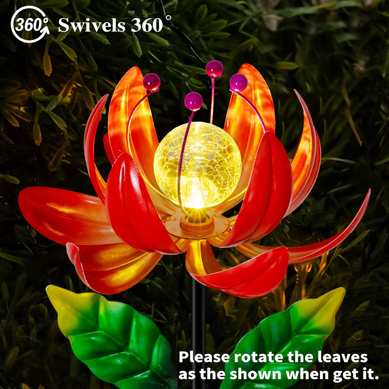 Solar Garden Lights Metal Flower Decor, Colorful Spinning Windmill Lotus Pathway Ligths with LED Cracked Crystal Ball Outdoor Decorative Stake Lighting Waterproof Flower Sculpture for Patio Yard