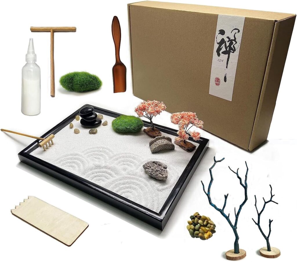 Zen Garden for Desk, Japanese Zen Garden Kit with Sand Stamp Sphere and Essential Accessories, Mini Zen Sandbox office Decor Kit for Relaxation, Meditation Gift