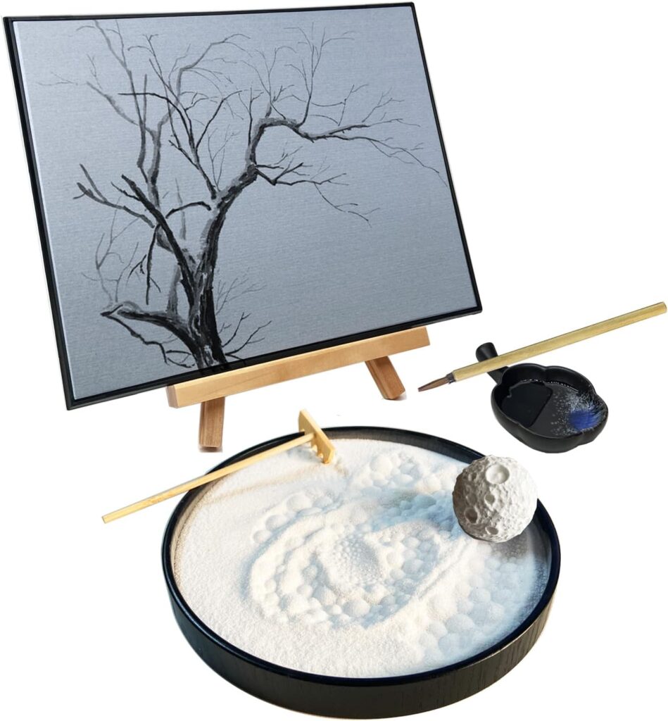 Zen Garden for Desk, Japanese Zen Garden Kit with Sand Stamp Sphere and Essential Accessories, Mini Zen Sandbox office Decor Kit for Relaxation, Meditation Gift