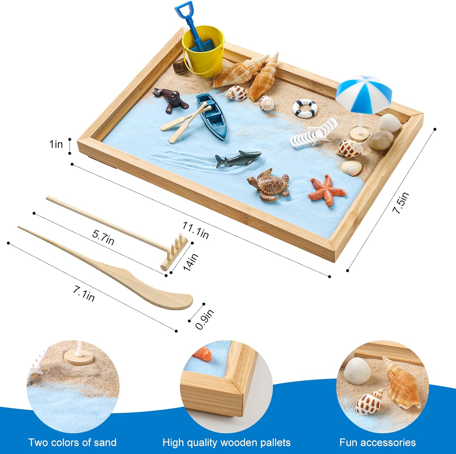 Zen Garden Kit for Desk - Premium Beautiful Japanese Mini Beach Zen Sand Garden Box Decor Set for Home, Office with Bamboo Tray, Sand, Tools, Shark, Ship - Desktop Meditation, Accessories Zen Gifts