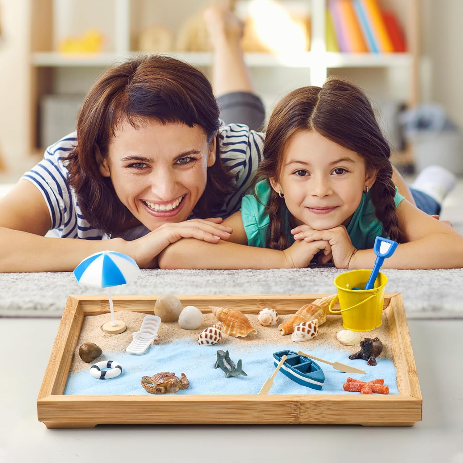 Zen Garden Kit for Desk - Premium Beautiful Japanese Mini Beach Zen Sand Garden Box Decor Set for Home, Office with Bamboo Tray, Sand, Tools, Shark, Ship - Desktop Meditation, Accessories Zen Gifts