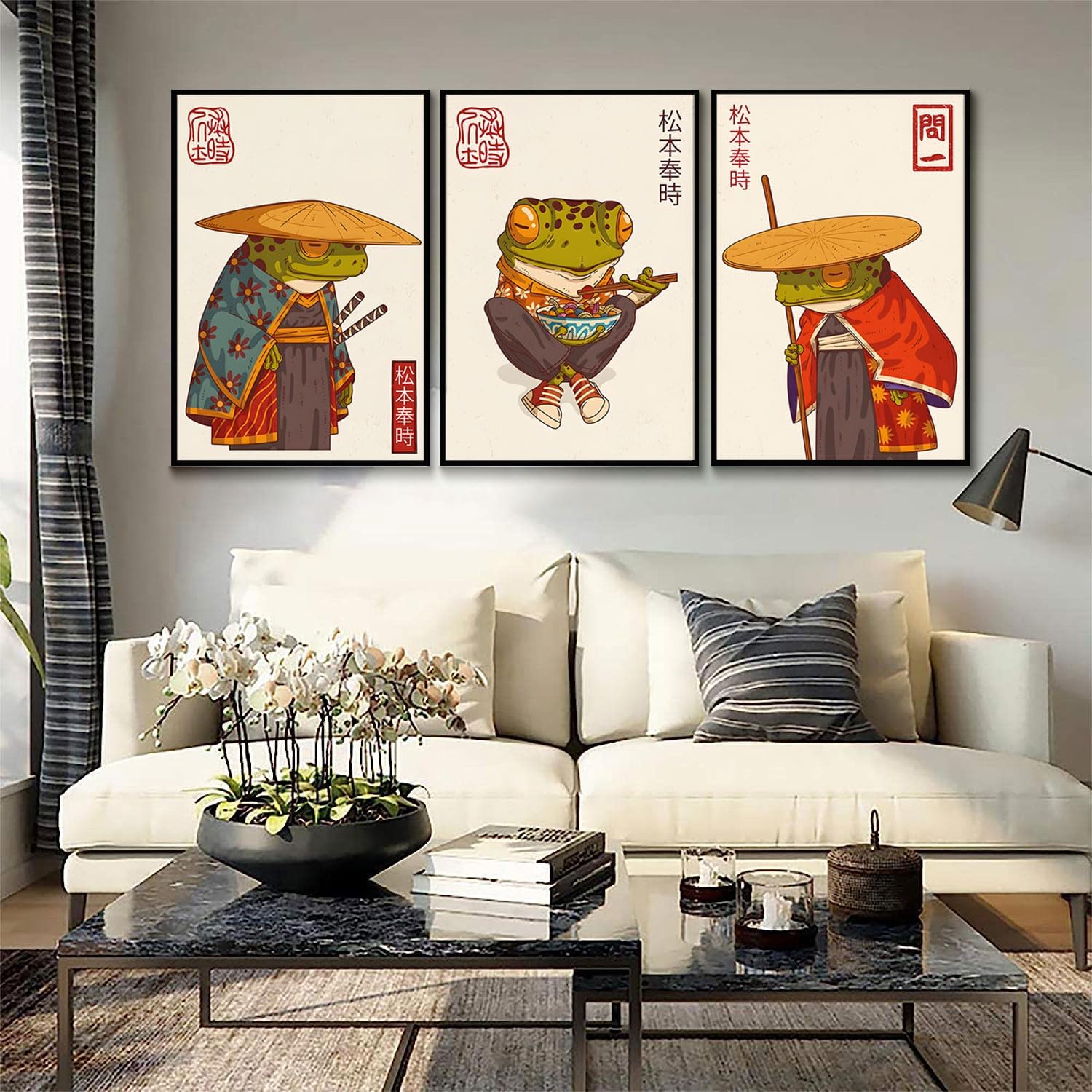 3Pcs Vintage Japanese Frog Wall Art Cute Funny Japanese Samurai Frog Posters Prints Japanese Matsumoto Hoji Painting Pictures Eclectic Animal Canvas Wall Decor Unframed (green, 12x16 Unframed)